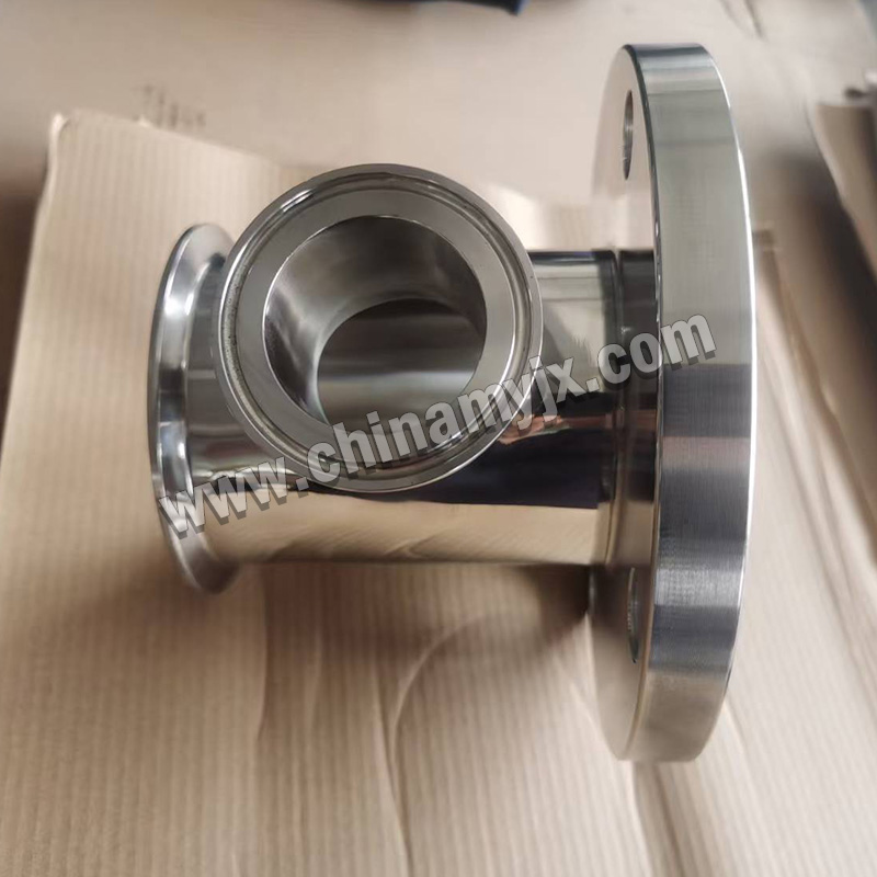 Custom Stainless Steel Flanged Vacuum Tee Adapter with Sanitary Tri-Clamp Ports